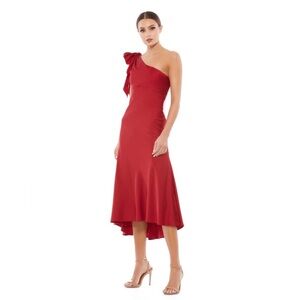 NWT $298 Mac Duggal 55387 SATIN ONE SHOULDER MIDI DRESS RED BOW HIGH LOW